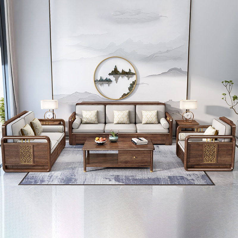 实木沙发组合新中式客厅家具冬夏两用储物1 2 3胡桃木小户型木制