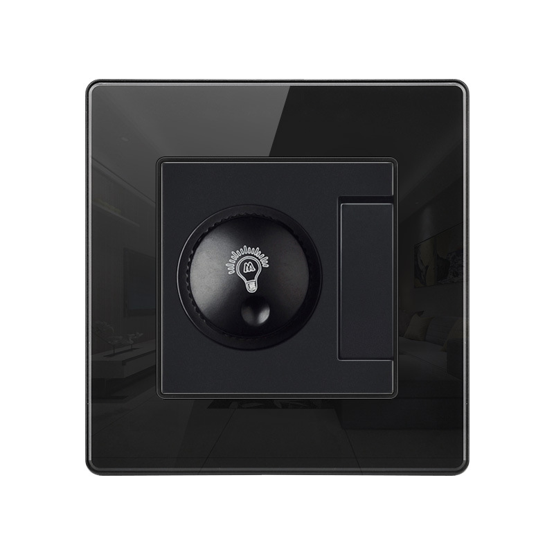 黑色钢化玻璃86型面板一位开关带调光旋钮床头台灯亮度调节器开关