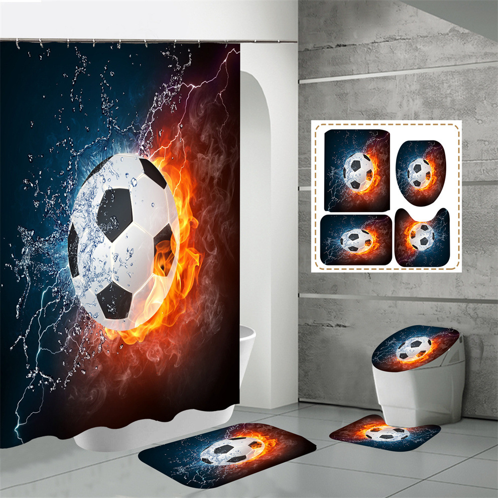 Flame Football Series Bathroom Set Black Waterproof Shower Curtain Four-Piece Non-Slip Toilet Floor Mat Toilet Mat