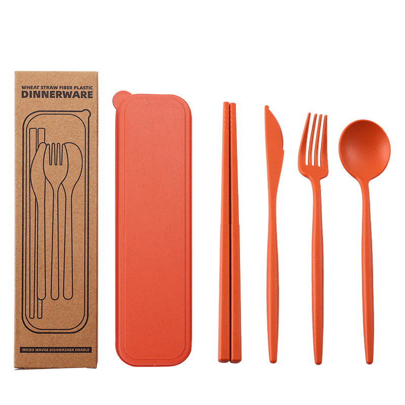 Amazon Wheat Straw Portuguese Knife and Fork Spoon Chopsticks Sets Student Outdoor Portable Case Tableware Four-Piece Set