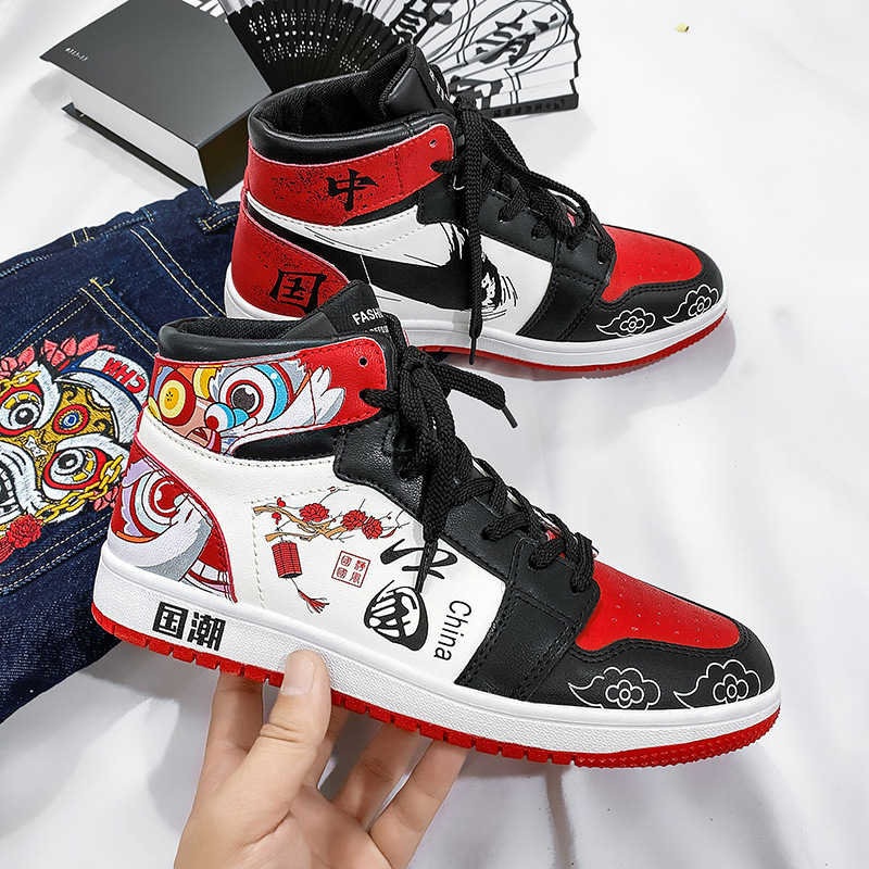 中国风醒狮国潮涂鸦男鞋aj高帮空军一号板鞋篮球运动增高潮鞋批发