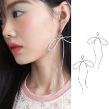 设计轻奢韩国小众ins银色手工丝带蝴蝶结吊坠s925防过敏耳环耳圈