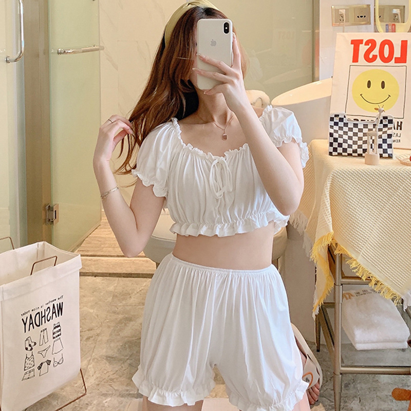 2022年夏季新款吊带短裤睡衣女生全棉薄款性感露脐纯色家居服套装