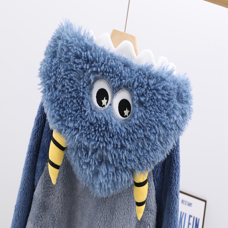 新款宽松双面舒棉绒小怪兽开衫情侣款加厚连帽睡袍家居服睡衣套装