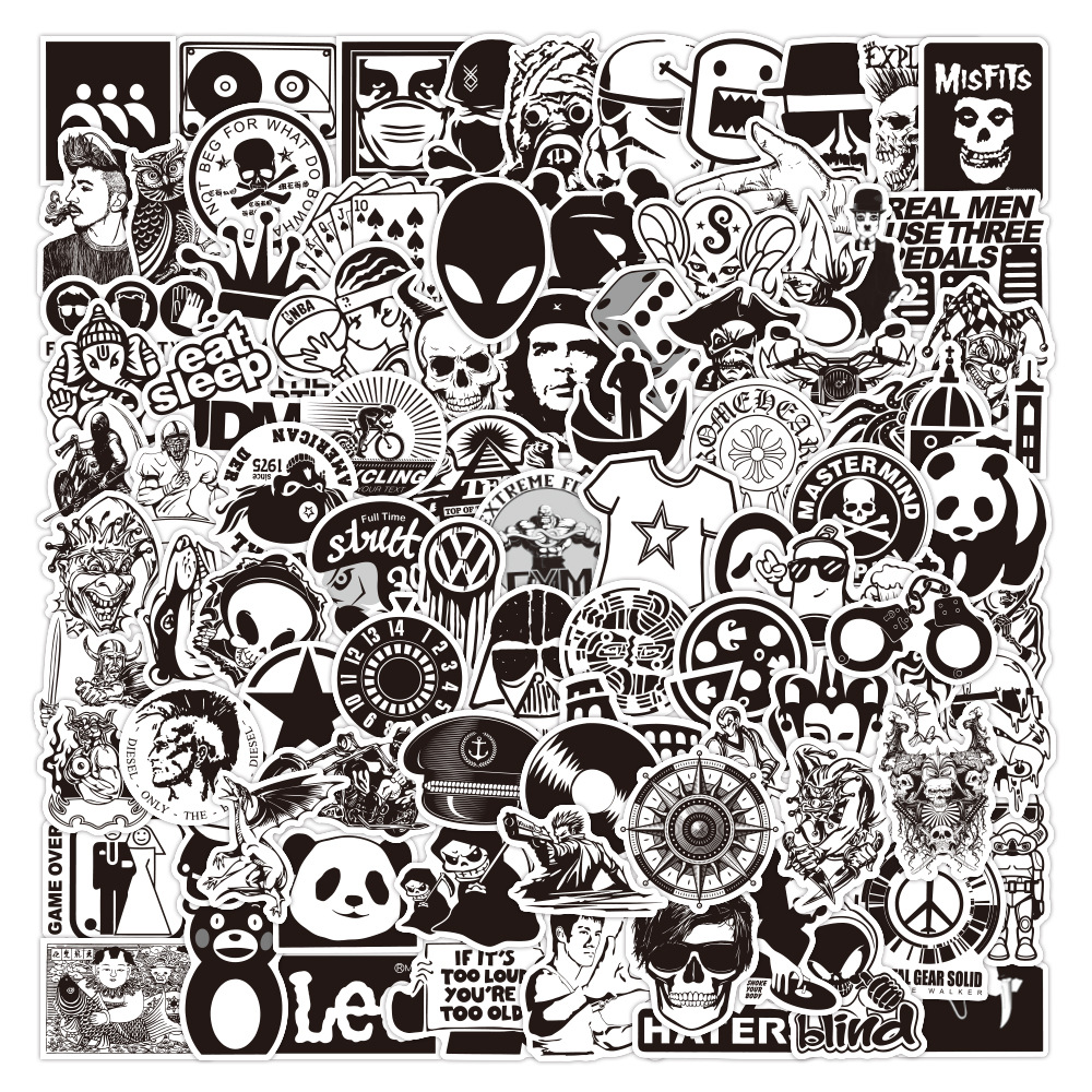 50张黑白款式潮牌logo涂鸦贴纸 装饰滑板工具箱行李箱头盔电脑贴