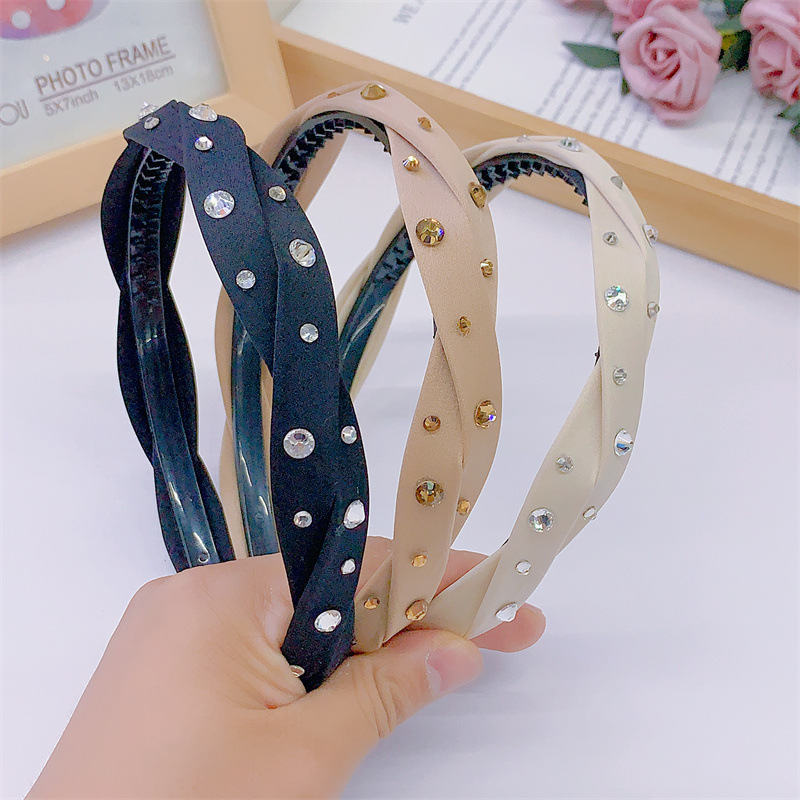 Fashion Simple Milk Coffee Color Series Dough-Twist Style Plaits Headband Inlaid Large and Small Pearls Cloth Headband out Commuter's All-Matching Women