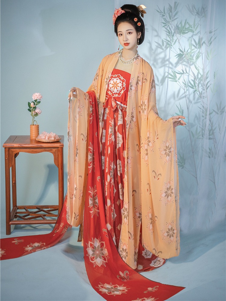 原创 妃子笑 唐风唐制汉服女大袖衫披帛诃子刺绣裙套装夏季