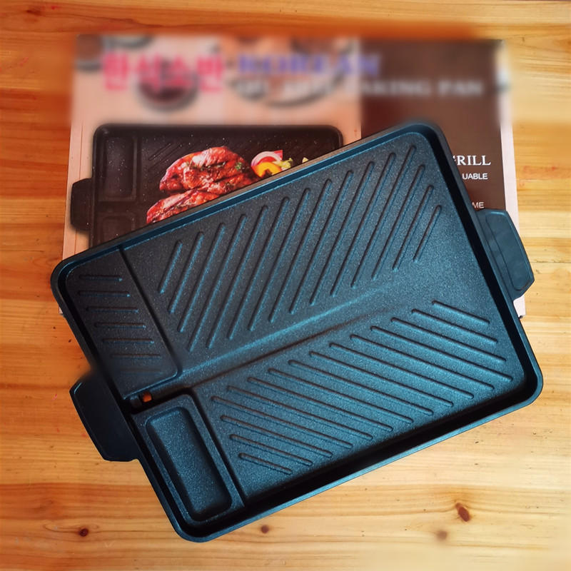 野外卡式炉烤肉盘 无烟不粘烧烤盘双耳长方形韩式烤盘厂家批发