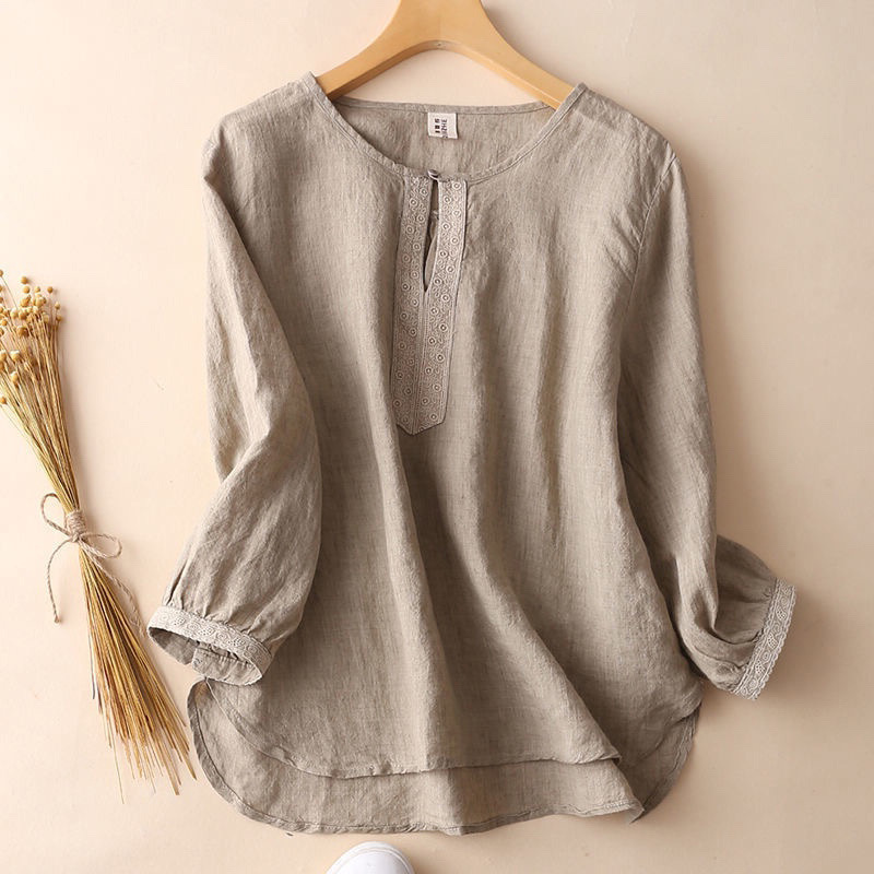 捡漏特价~大牌剪标女装大码复古刺绣亚麻上衣宽松七分袖衬衫