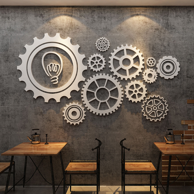 创意齿轮清酒吧装饰品装修设计效果图场景布置工业风墙面贴烧烤店