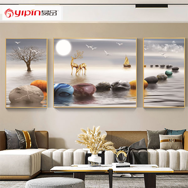 Modern Landscape Painting Nine Fish Pattern Triple Wall Painting Atmospheric Light Luxury Living Room Decorative Painting Sofa Wall Painting Mural