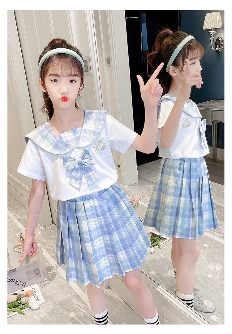 女童夏装2021新款短袖兔耳朵儿童jk制服裙正版百褶裙套装夏小学生