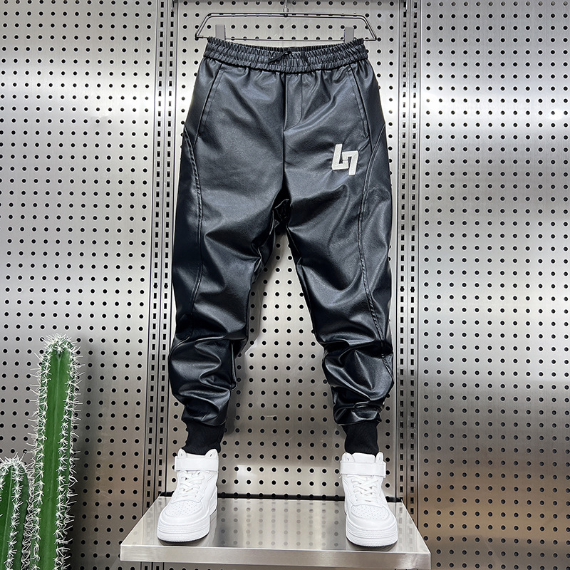 冬季男士加绒加厚摩托车外卖骑行皮裤男机车pu保暖防风刺绣小脚裤