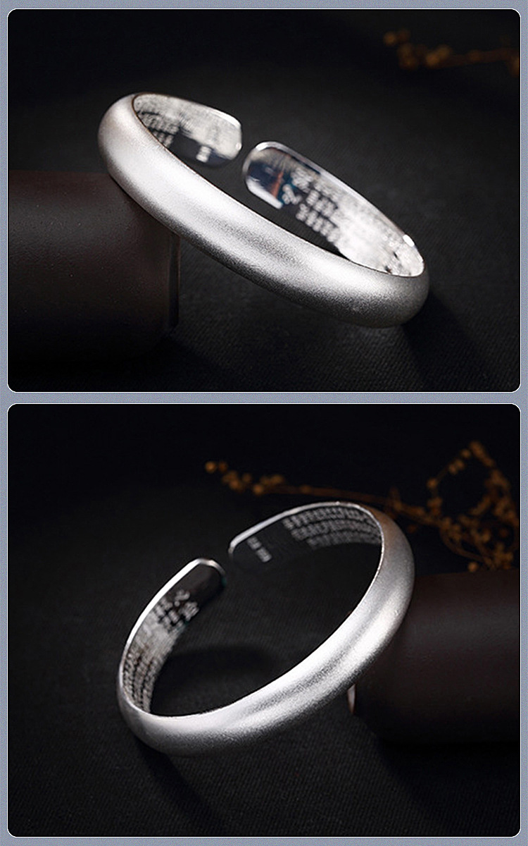 古法银手镯999贵妃银镯女子心经手环磨砂开口白铜镀银现货批发