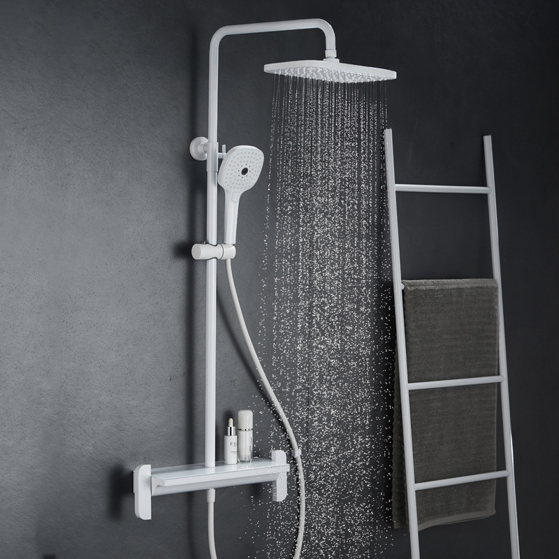 白色淋浴花洒套装明装淋浴增压出水花洒冷热水龙头大平板可置物