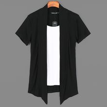 夏季男装假两件短袖恤潮流韩版个性开衫外套薄款拼色半袖上衣服
