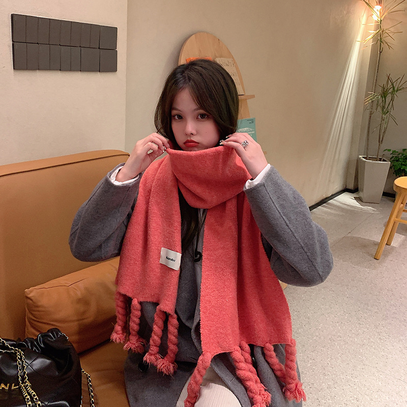 Winter New Solid Color Twist Big Braid Tassel Scarf Korean All-Match Warm Knitted Cute Student Scarf for Women