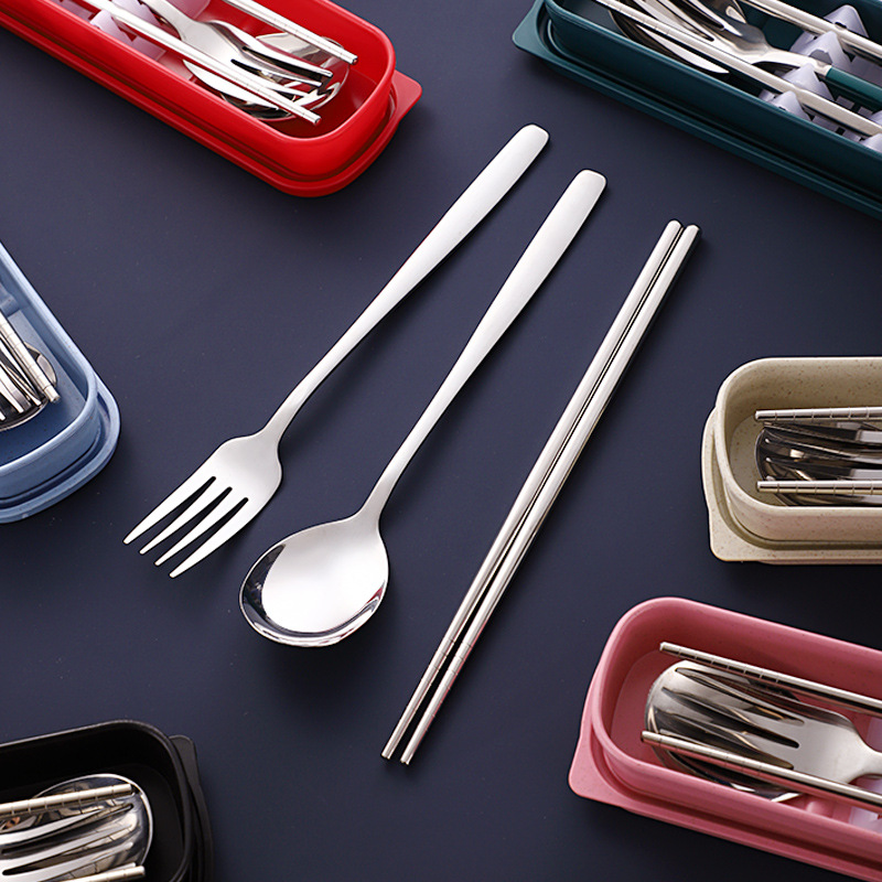 Stainless Steel Korean-Style Portable Tableware Fork Spoon Chopsticks Sets Outdoor Gift Student Tableware Three-Piece Set
