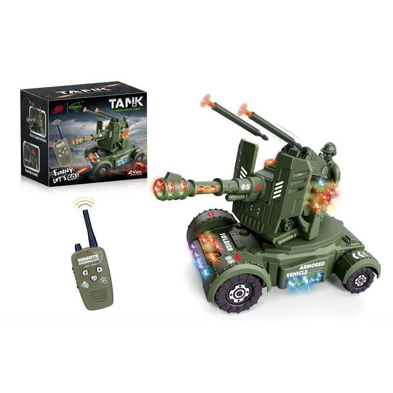 彩盒遥控坦克高射炮绿色炫彩灯光军事电动车塔克玩具跨境批发