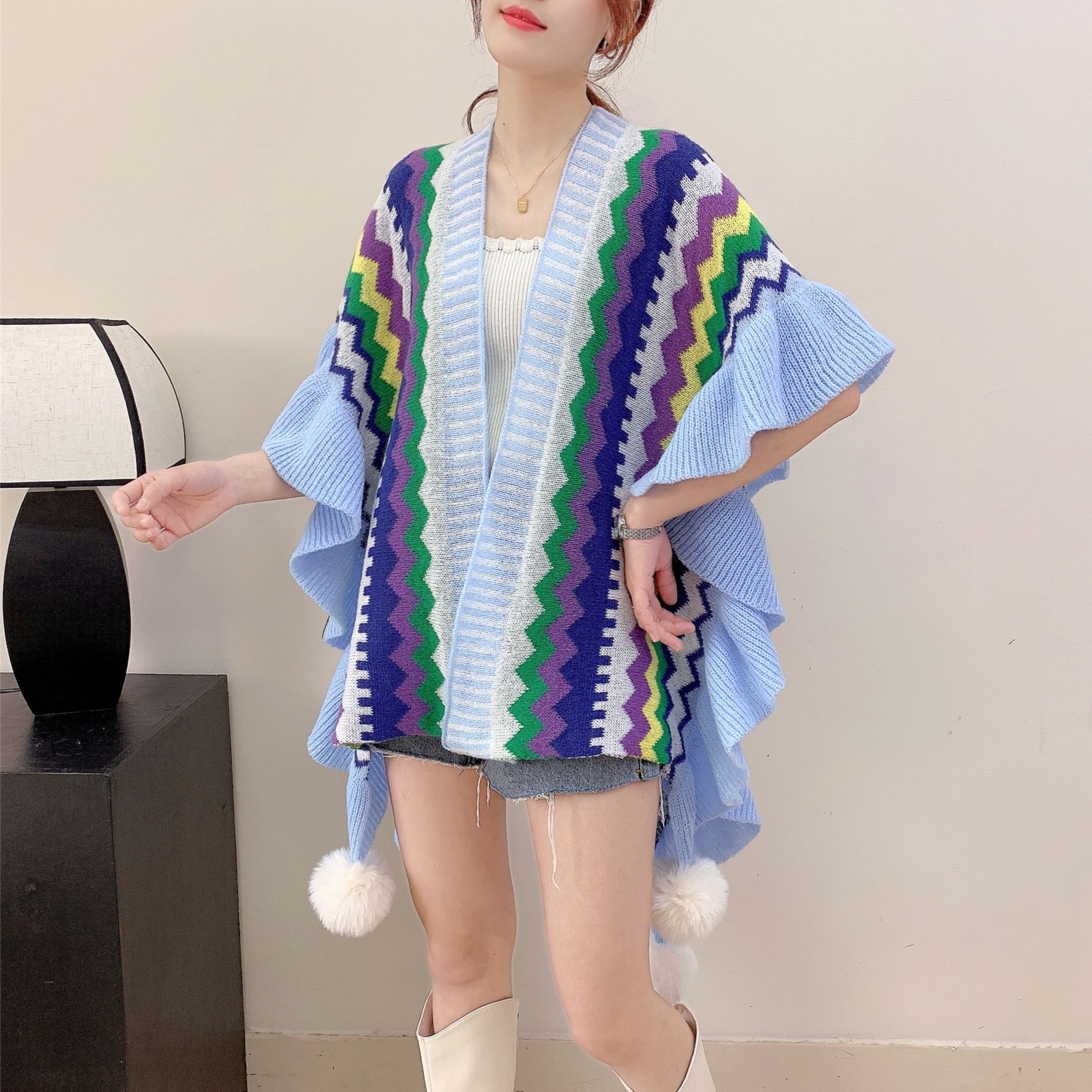 Spring and Autumn Sweet New Split Long Shawl Women's Outer Wear Ruffled Lijiang Women's Clothing Travel Spring Ethnic Style
