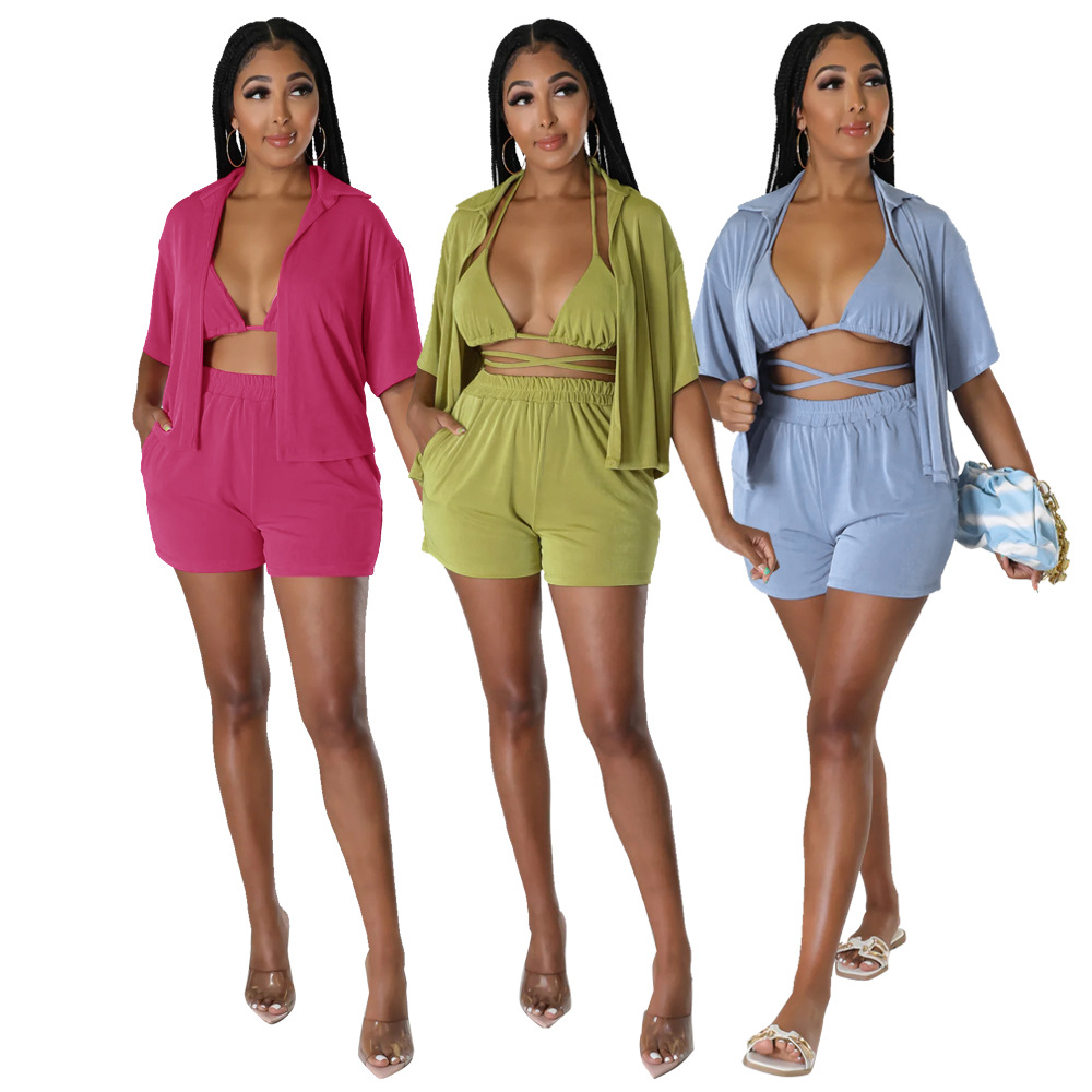 European and American Amazon Solid Color Shirt Coat Casual Shorts Suit Women's Summer Two-Piece Set