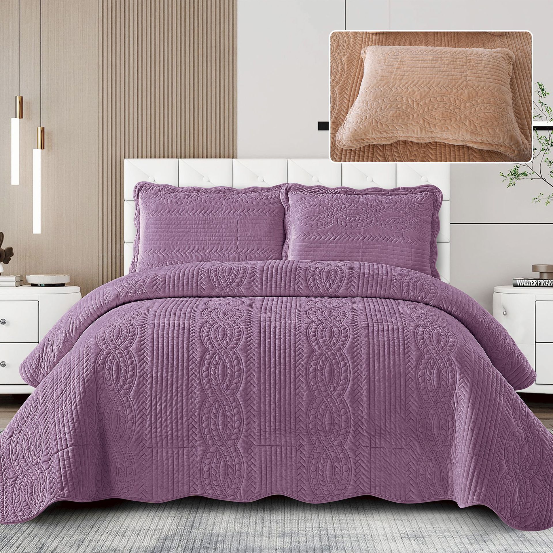 绒布绣花素色绗缝被三件套稻穗花型保暖双面刺绣夹棉床盖