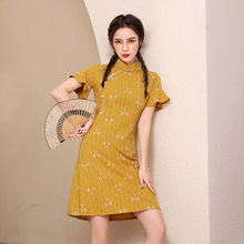 黄色改良版旗袍2023年新款夏季中国风少女年轻款小个子法式连衣裙