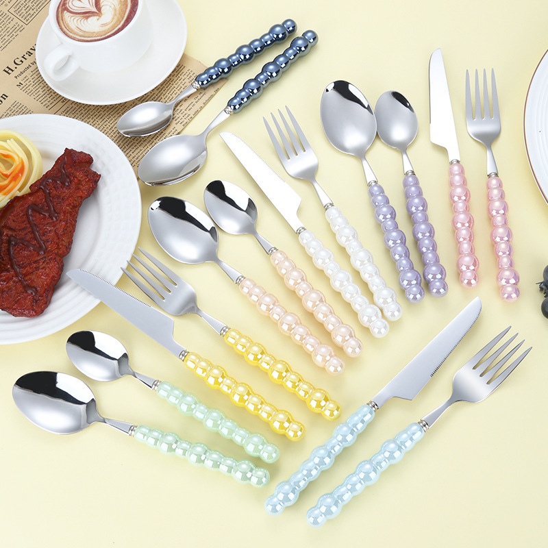 轻奢304不锈钢刀叉勺创意珍珠陶瓷手柄餐具西餐牛排刀叉甜品勺子