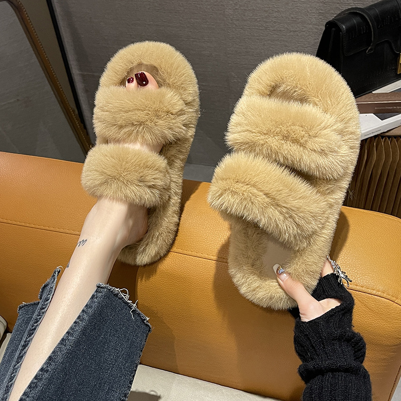 Fall Fluffy Slippers Women's Outer Wear Thick Bottom Soft Bottom Korean Style Non-Slip Cross Flip-Flops Flat Home Home Cotton Slippers