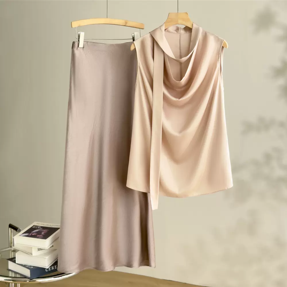 恩迪法式优雅荡领飘带无袖缎面衬衫2026年夏季背心上衣
