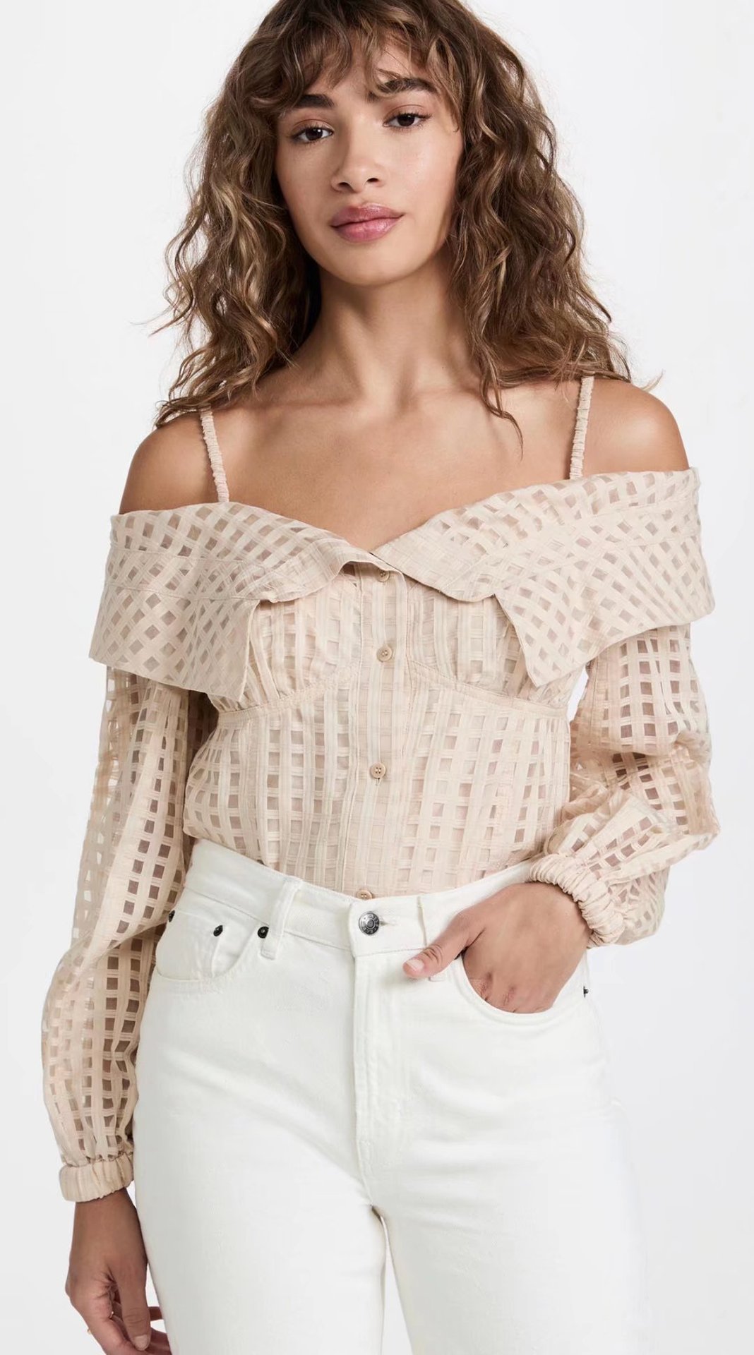 2022春夏新款女装欧美风一字肩层叠设计格纹长袖吊带衬衫女式外贸