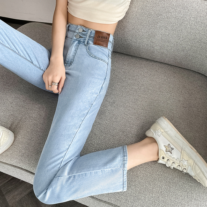 Real Shot Tencel Tobacco Tube Jeans for Women Summer High Waist Stretch Ice Silk Cool Little Man Straight-Leg Pants Cropped