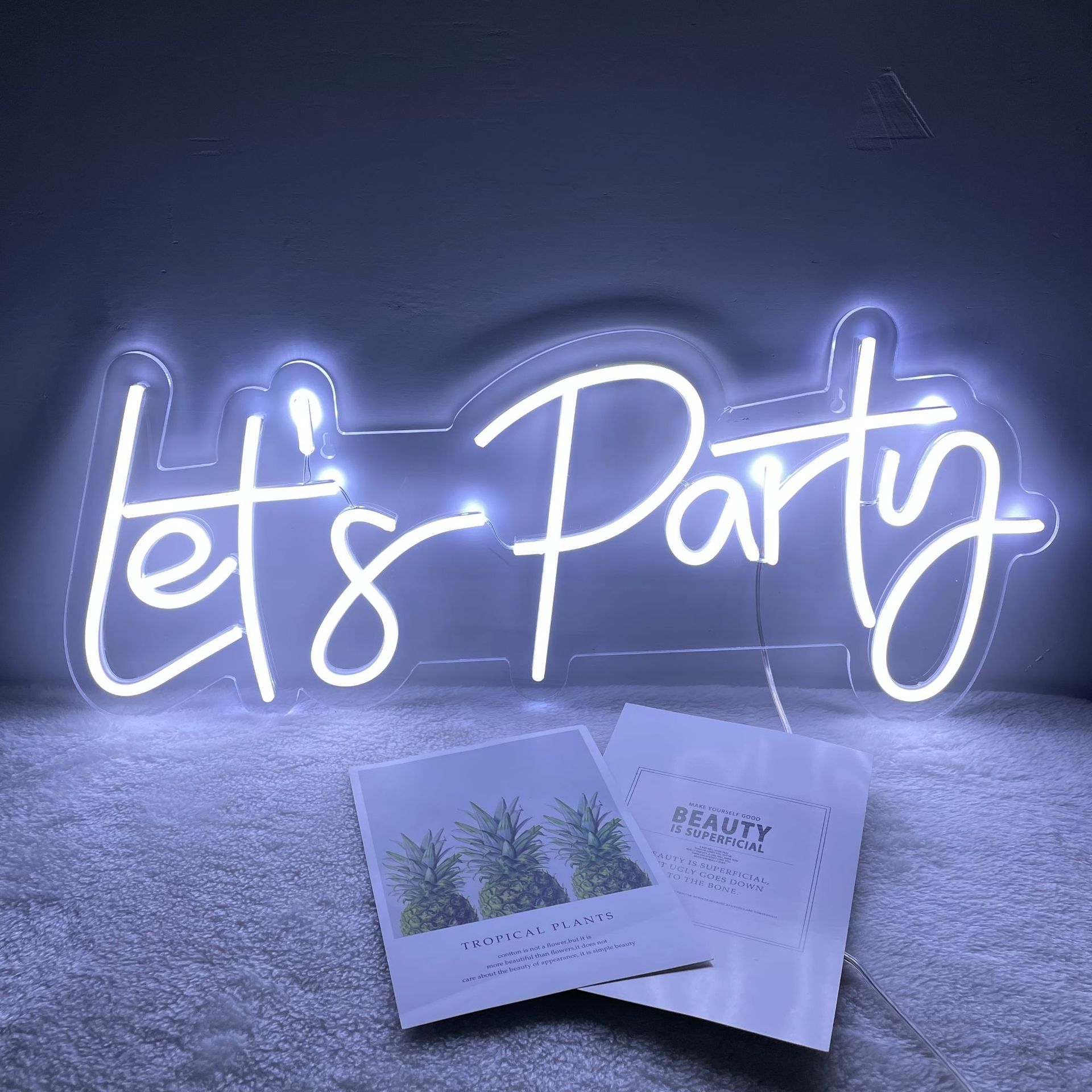亚克力雕刻霓虹灯lets party装饰字母冷白跨境电商创意灯