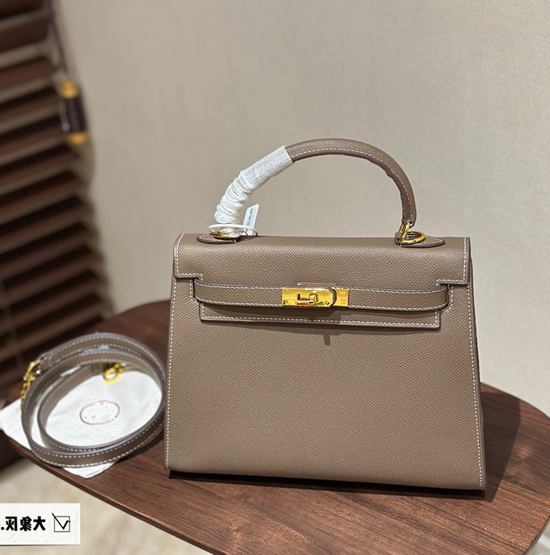 2023新款十字纹牛皮手提凯莉包欧美复古kelly 25通勤单肩斜挎包女