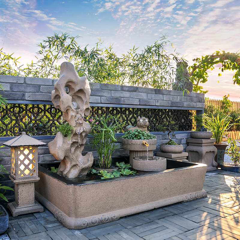 新中式庭院花园流水鱼池装饰造景假山布置盆景露台水景摆件