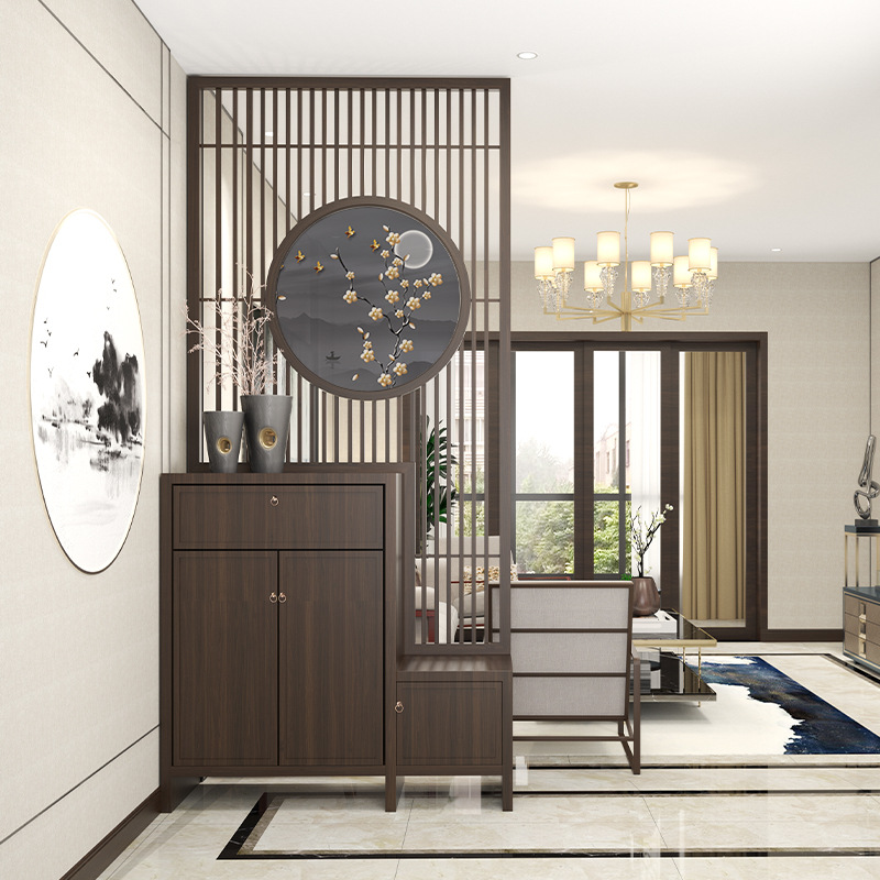 新中式简约屏风隔断客厅入户实木镂空鞋柜一体家用公司进门玄关柜