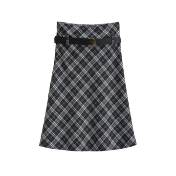 美式复古高腰腰带斜纹磨毛格子半身裙女秋冬新款a字修身中长裙