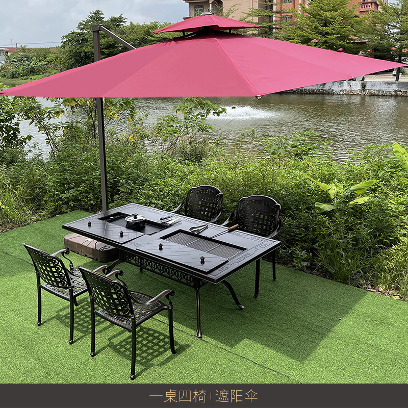 Outdoor Desk-Chair Cast Aluminum Barbecue Table Courtyard Garden Outdoor Iron Household Electric Smokeless Oven Dining Table Combination Furniture