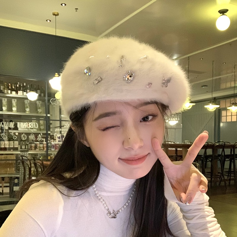 手工水钻兔毛贝雷帽女秋冬时尚减龄甜美毛绒画家南瓜帽保暖蓓蕾帽