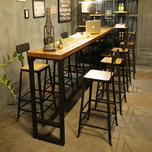 美式酒吧实木吧台桌 复古铁艺甜品桌简约家用靠墙高脚吧台桌椅