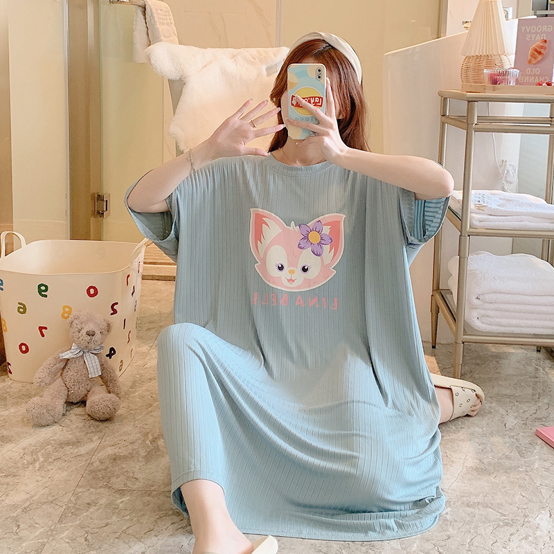 Foreign Trade Nightdress Female Summer Loose-Fitting plus Size Large Size 150.00kg Can Wear Cute Cartoon Pajamas Female Can Wear Outerwear Homewear