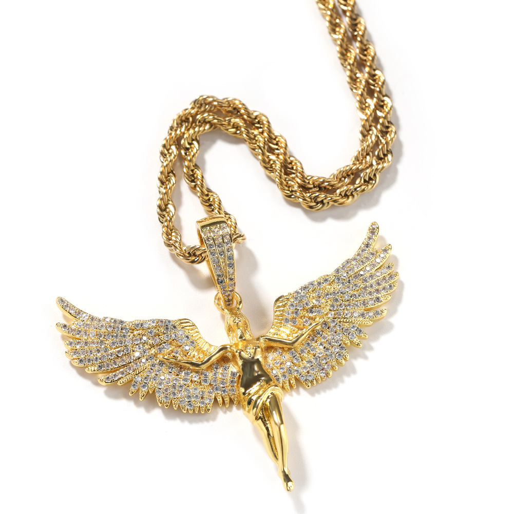 Europe and America Cross Border Ornament Retro Unisex Style Gold Diamond Angel Wings Men and Women Rap Hip Hop Necklace Wholesale