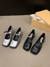 法式高跟银色玛丽珍单鞋女鞋子2023新款夏季方头黑色英伦风小皮鞋