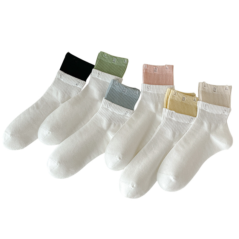 Spring and Summer New Style White Socks Women's Double-Layer Contrast Color Screw Type Japanese Style All-Matching Trendy Socks Ripped Tube Socks Anti-Pilling