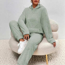 跨境亚马逊2025秋冬新款欧美休闲女装纯色毛绒连帽长袖长裤套装