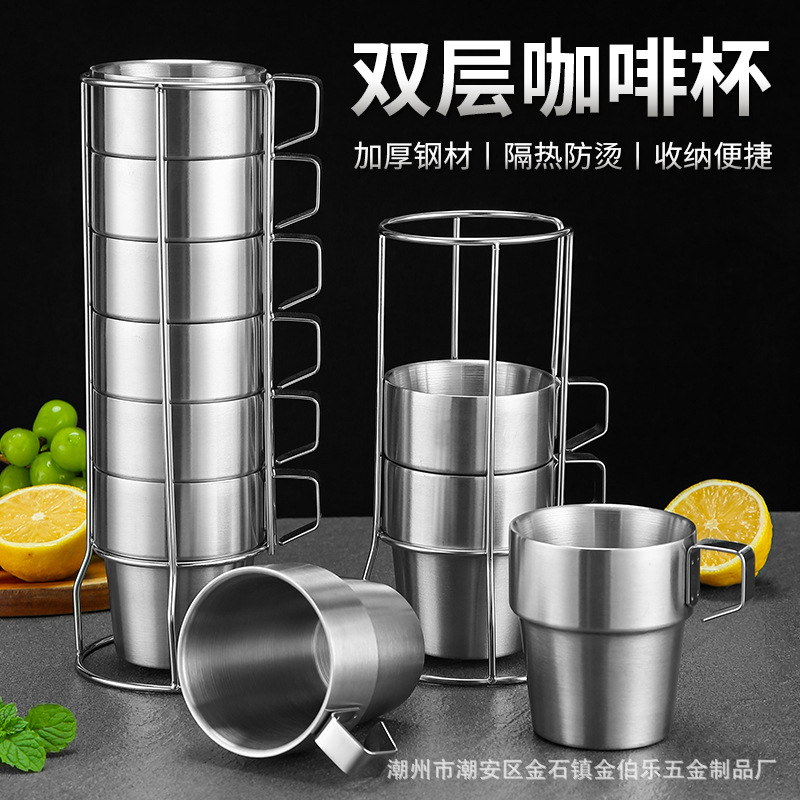 Cross-Border Outdoor Double-Layer Stainless Steel Water Cup Coffee Cup 304 Folding Cup Camping Portable Insulation Anti-Scald Pot Sets