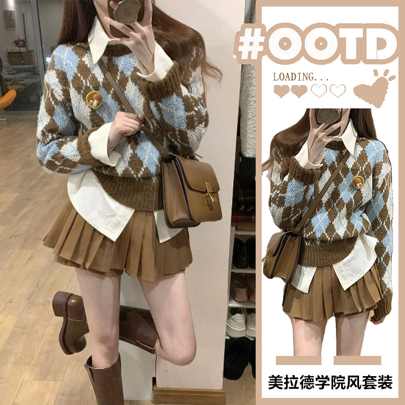 深冬装搭配一整套美拉德学院风jk制服裙子韩剧女主穿搭三件套装裙