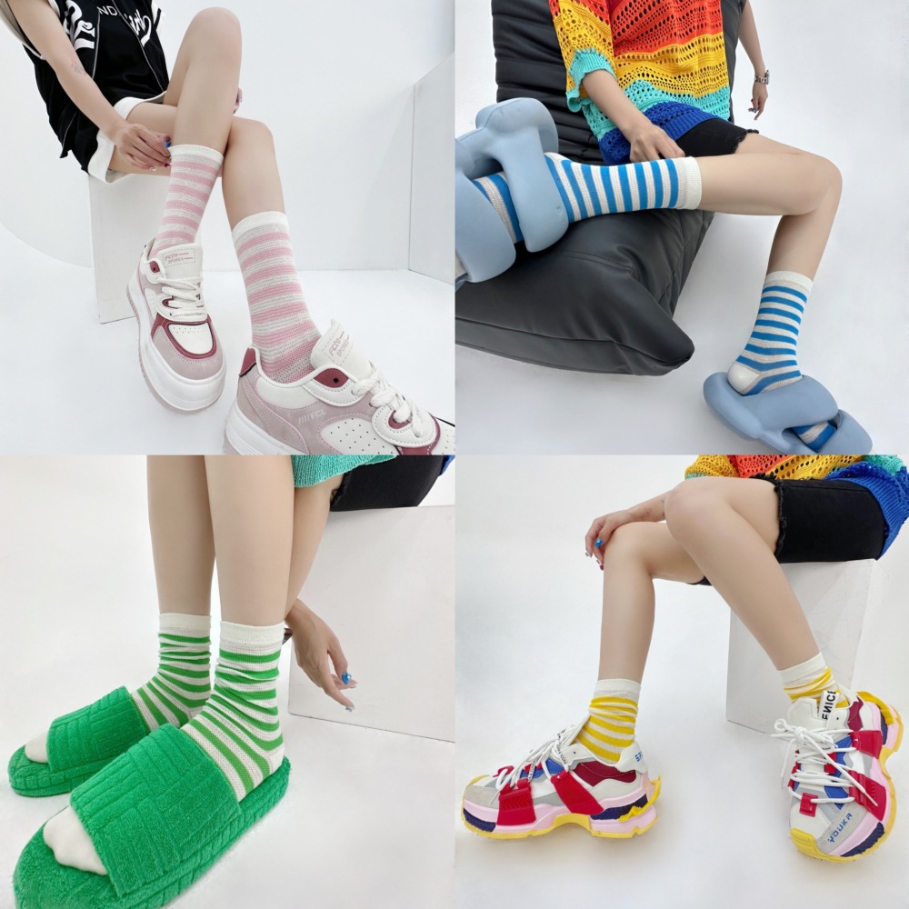 Spring and Summer Thin Striped Socks Candy Color Dopamine Style Men and Women Hollow Mesh Breathable Boneless Tube Socks Children