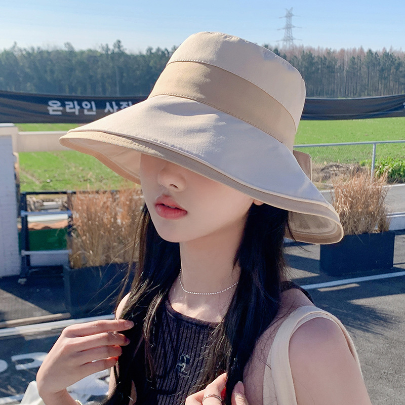 New Korean Style Spring and Summer Cotton Polyester Bucket Hat Women's Sweet Temperament Bow Bucket Hat Big Brim Sun Hat