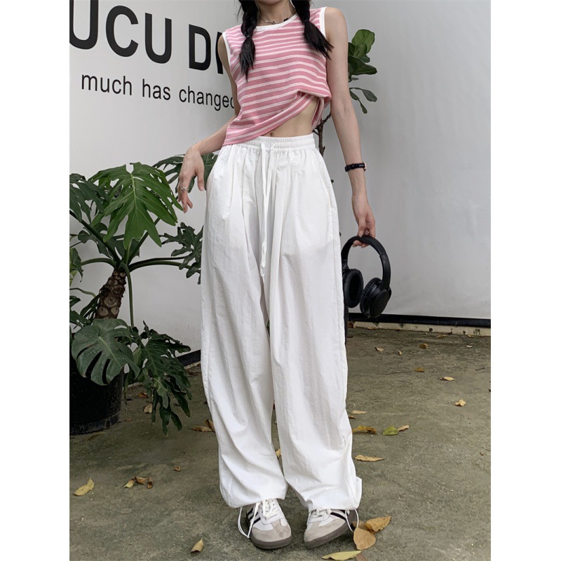 Real Shot Loose All-Match Sports Bottoming Vest + Drawstring Quick-Drying Sports Casual High Waist Wide Leg Pants for Women 50793